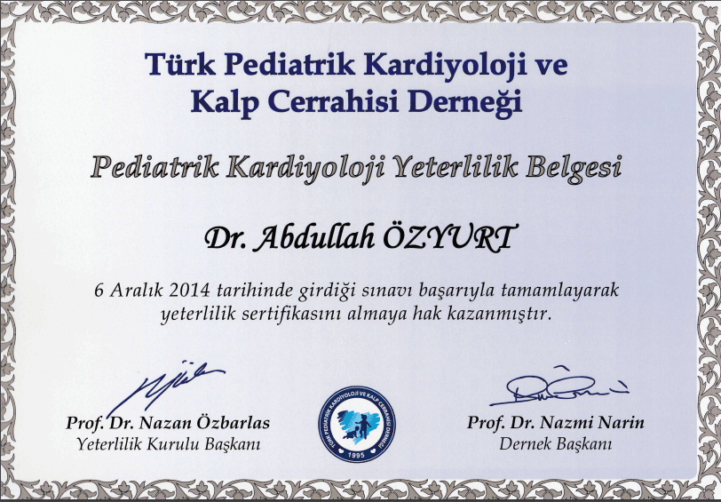 Çocuk kardiyoloji yeterlilik belgesi